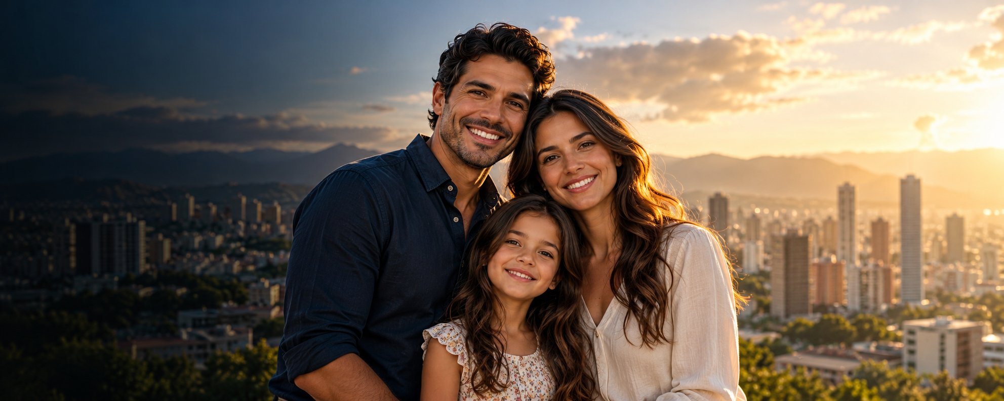 Família em uma cidade latino-americana ao entardecer